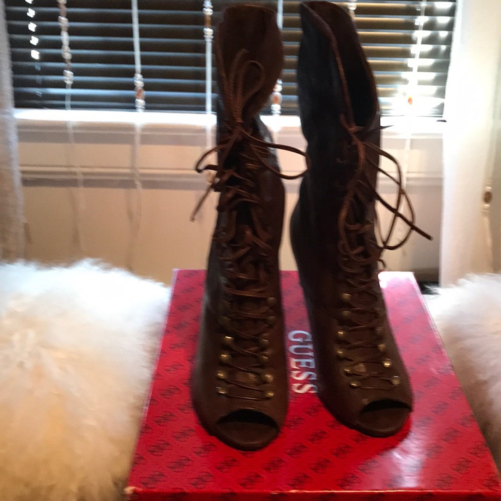 Guess peep toe lace up bootie heels